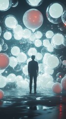 Wall Mural - a man stands in front of a wall of white and red spheres