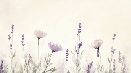 Wall Mural - Soft watercolor painting of lavender and poppies in a field.