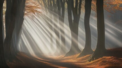 Wall Mural - Sunbeams illuminating a misty autumn forest path.