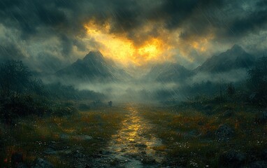 Desolate Battlefield Under Stormy Sky Scattered with Weapons and Armor After Medieval Conflict