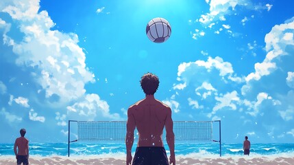 Wall Mural - beach volleyball game under sunny sky