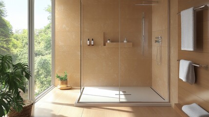 Wall Mural - Walk In Shower. Bright and Beautiful Bathroom Interior Design with Glass Shower