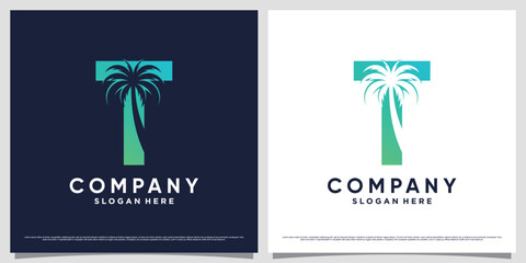 Initial letter t with palm tree icon and modern unique concept