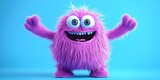 A cute, fluffy purple monster with big eyes and a wide grin, posing happily against a bright blue background. Concept Cute Purple Monster, Fluffy Creature, Big Eyes, Bright Blue Background