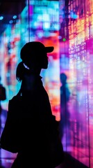 Canvas Print - a woman is walking in a city with a colorful background