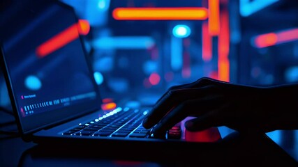 Hand typing on laptop keyboard in dark room with neon lights.