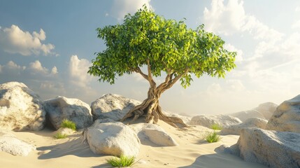 Wall Mural - A solitary tree stands amidst rocks and sand under a blue sky with scattered clouds.