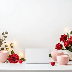 Poster - Valentine's Day themed food packaging mock up concept. A romantic setup with flowers, cups, and a blank box for gifting