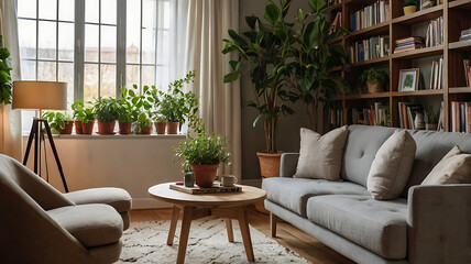 Wall Mural - stock photo features a cozy living room with a comfortable sofa, bookcase, chair, and house plants, creating a warm and inviting atmosphere
