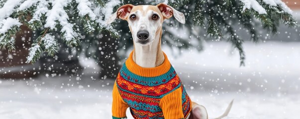 Canvas Print - Dog wearing sweater concept in snowy play setting. Dog in colorful sweater sitting in the snow with falling flakes