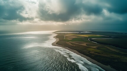 Wall Mural - Coastal Landscape with Wind Turbines Under Dramatic Sky