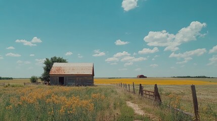 Wall Mural - A rustic barn surrounded by vibrant fields under a clear blue sky.