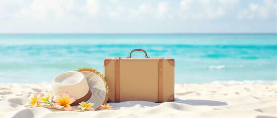 Wall Mural - suitcase at tropical beach with copy space