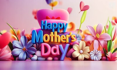 Wall Mural - A colorful image of flowers with the words Happy Mother's Day written in pink letters. Concept of joy and celebration for mothers