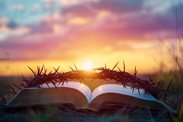 Poster - Christian Cross and open book with a crown of thorns with a sunset scene background. Palm Sunday Concept 