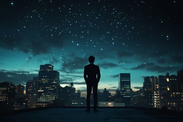 Wall Mural - A man stands on a rooftop looking out at the city below