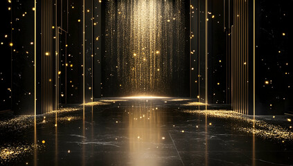 A black background with golden glitter and light rays on the ground, creating an atmosphere of luxury and opulence. 