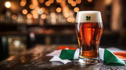 A glass of dark beer with foam and a shamrock symbol on the glass, standing on a wooden table with Irish flag napkins. Blurred bar lights in the background create a festive Saint Patrick's Day atmosph