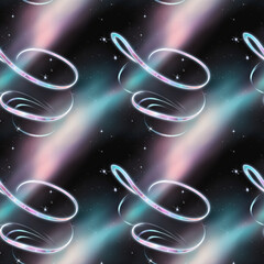 Wall Mural - Mystical Seamless Pattern with Blue and Pink Glowing Ribbons on Black Background with diagonal glow