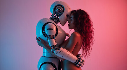 Hugs girl with robot, love, sexuality attraction passion looks emotions joy