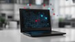 © Joe - Sleek black laptop on a white desk: Glowing blue code and red bug icons, realistic shadows, and blurred modern office backdrop. Software development and debugging theme.