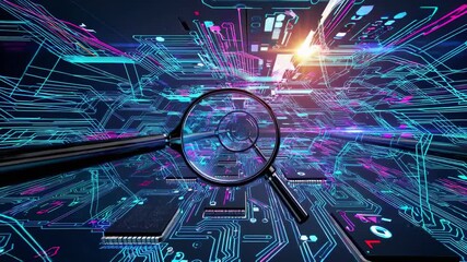 Leinwandbilder - Exploring virtual circuits with magnifying glass showcasing modern technology and intricate designs