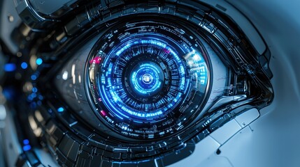 A macro shot of a humanoid robot’s glowing eye, designed with intricate layers of lenses and micro-circuits. The soft reflections of a futuristic laboratory are visible within the lens, emphasizing 