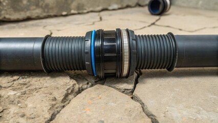 Wall Mural - A closeup view of a sy sewer pipe coupling connecting two sections of pipe showcasing the tightly fitted threads and the slight sheen of the rubber gasket inside set against a