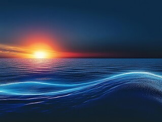 Wall Mural - Ocean Sunset: Serene Waves and Fiery Sky in a Dreamlike Painting