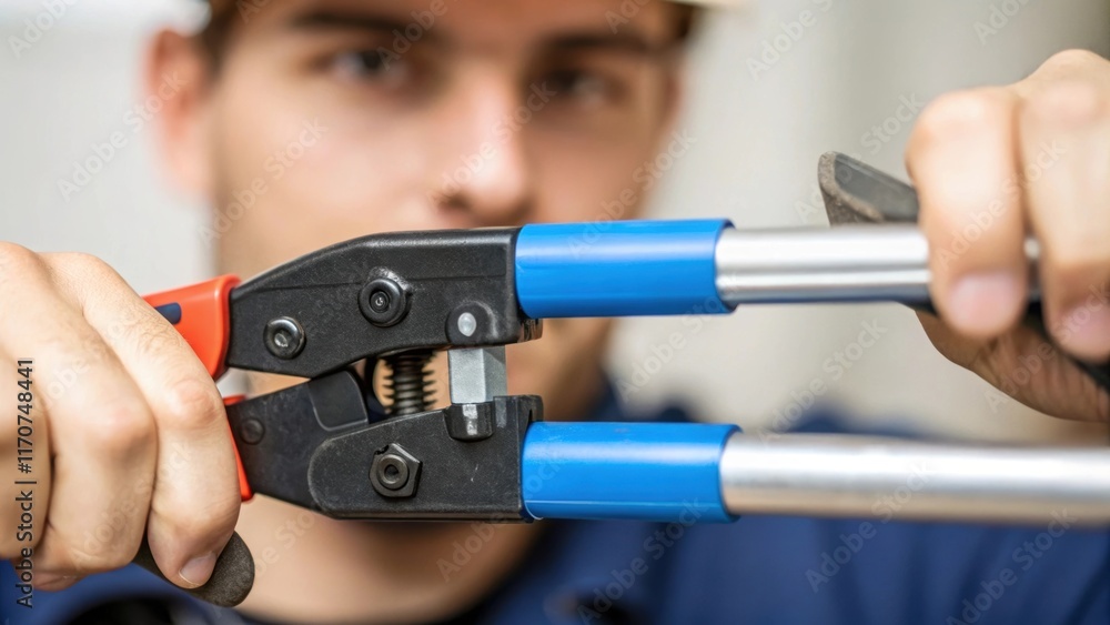 A detailed image of a pair of hands manipulating a PEX crimping tool with the focus on the tension in the grip and the concentration on the technicians face blurred in the