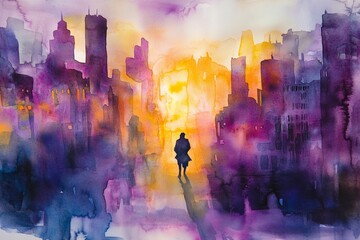 Wall Mural - Surreal Urban Sunset with Silhouette in Vibrant Watercolor Art