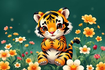 Wall Mural - there is a tiger sitting in the middle of a field of flowers