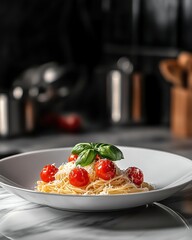 Canvas Print - A delicious pasta dish featuring spaghetti topped with cherry tomatoes, basil, and grated cheese.