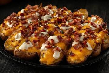 Wall Mural - Delicious loaded potato skins topped with cheese, bacon, and sour cream, perfect for sharing.