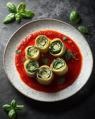 Wall Mural - Delicious vegetarian pasta rolls filled with ricotta, spinach, and basil, served on a vibrant tomato sauce.