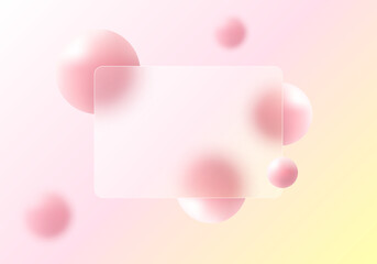 Website landing page template in glass morphism style. Horizontal presentation screen with the effect of overlaying glass on levitating spheres.