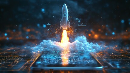 a conceptual illustration of a rocket launching from the screen of a smartphone, symbolizing the rap