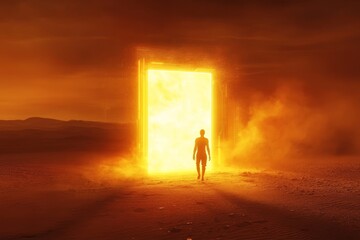 Wall Mural - a man is walking through a large, glowing doorway