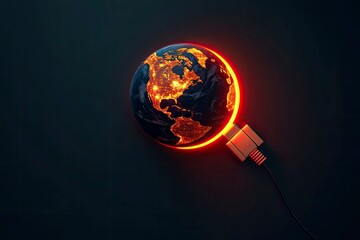 Wall Mural - eco energy saving and earth hour concept. earth planet with electric plug continuous line on dark ba