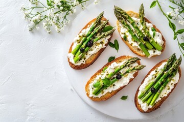 Wall Mural - Delicious open-faced sandwiches topped with asparagus and creamy cheese, perfect for brunch.