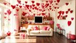 © Zaheeru - The living area is warmly decorated with an abundance of Valentine's Day decor, featuring delicate pink and rich red hearts in various shapes and sizes, suspended from the ceiling, placed on shelves,