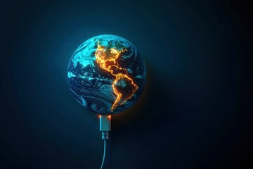 Wall Mural - eco energy saving and earth hour concept. earth planet with electric plug continuous line on dark ba