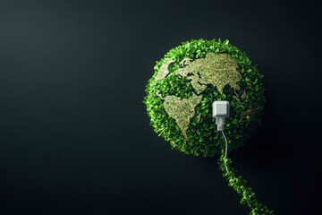 Wall Mural - eco energy saving and earth hour concept. earth planet with electric plug continuous line on dark ba