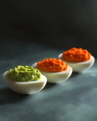 Wall Mural - Three vibrant dips in white bowls: green avocado, orange carrot, and creamy yellow hummus.