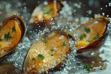 Wall Mural - Close-up of fresh mussels splashing in water, garnished with herbs for a vibrant seafood presentation.