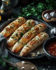 Wall Mural - Freshly baked garlic bread sticks garnished with herbs, served with marinara sauce in a rustic setting.