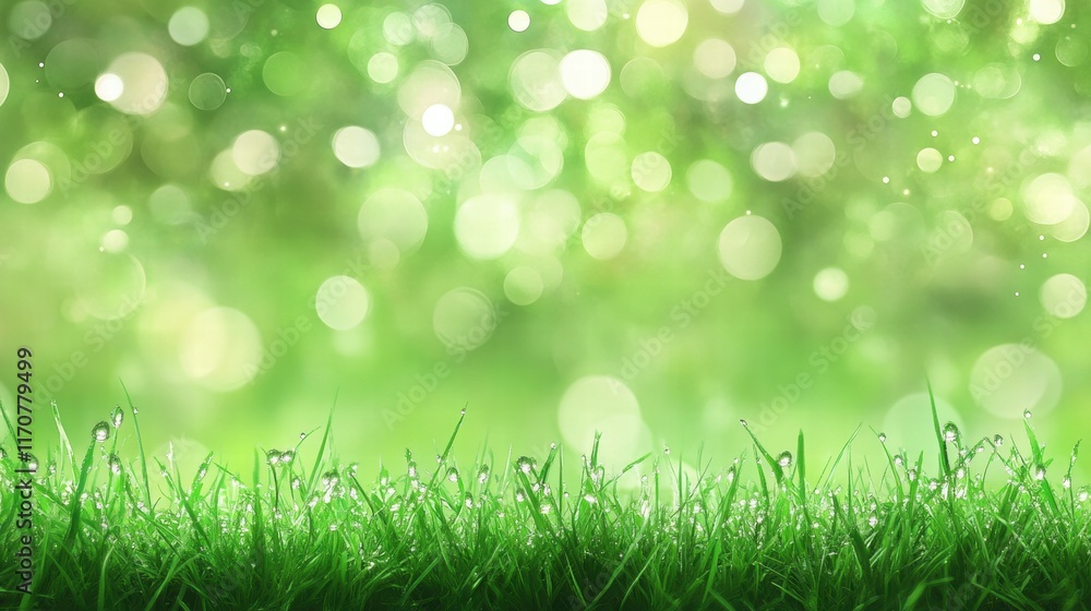 Dewdrops on Lush Green Grass with Soft Bokeh Background - Spring Nature Photography