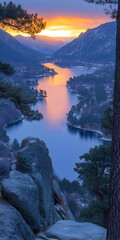 Poster - Serene sunset over a tranquil lake nestled in a mountain valley.