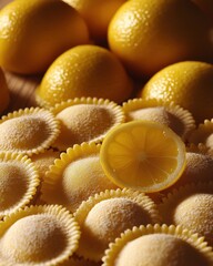 Wall Mural - Close-up of vibrant yellow lemon ravioli nestled among fresh lemons.