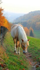 Wall Mural - A serene scene of a palomino horse grazing in a picturesque autumn landscape.